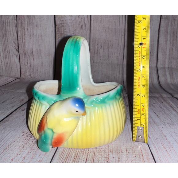 Czech Bird on Basket Red Mark Czechoslovakia Yellow Blue Art Pottery Antique - Picture 8 of 12